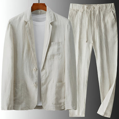 Men's Two-Piece Suit Set with Notch Lapel Blazer and Drawstring Trousers