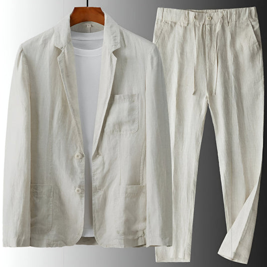 Men's Two-Piece Suit Set with Notch Lapel Blazer and Drawstring Trousers