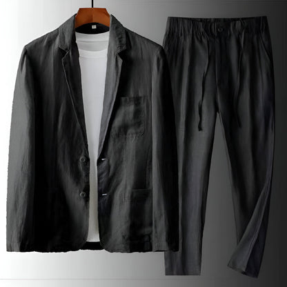 Men's Two-Piece Suit Set with Notch Lapel Blazer and Drawstring Trousers