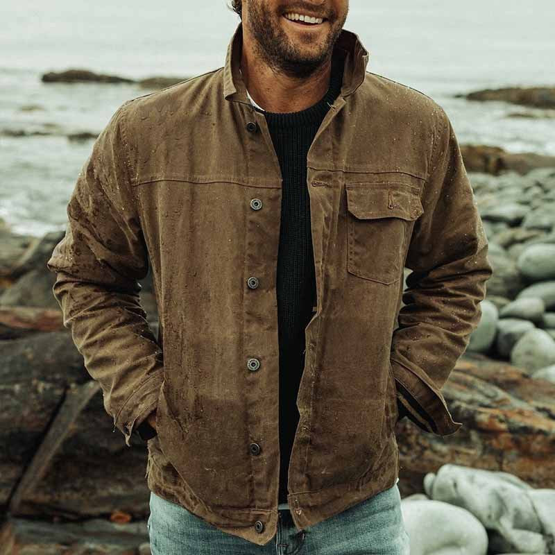 Men's Utility Jacket with Stand Collar and Button Closure