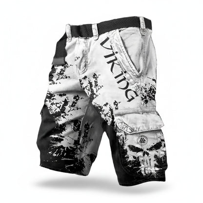 Men's Viking Cargo Shorts with Skull Print and Elastic Waist