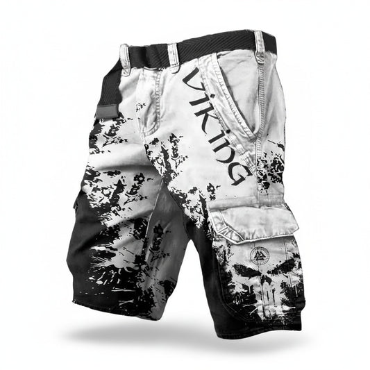 Men's Viking Cargo Shorts with Skull Print and Elastic Waist