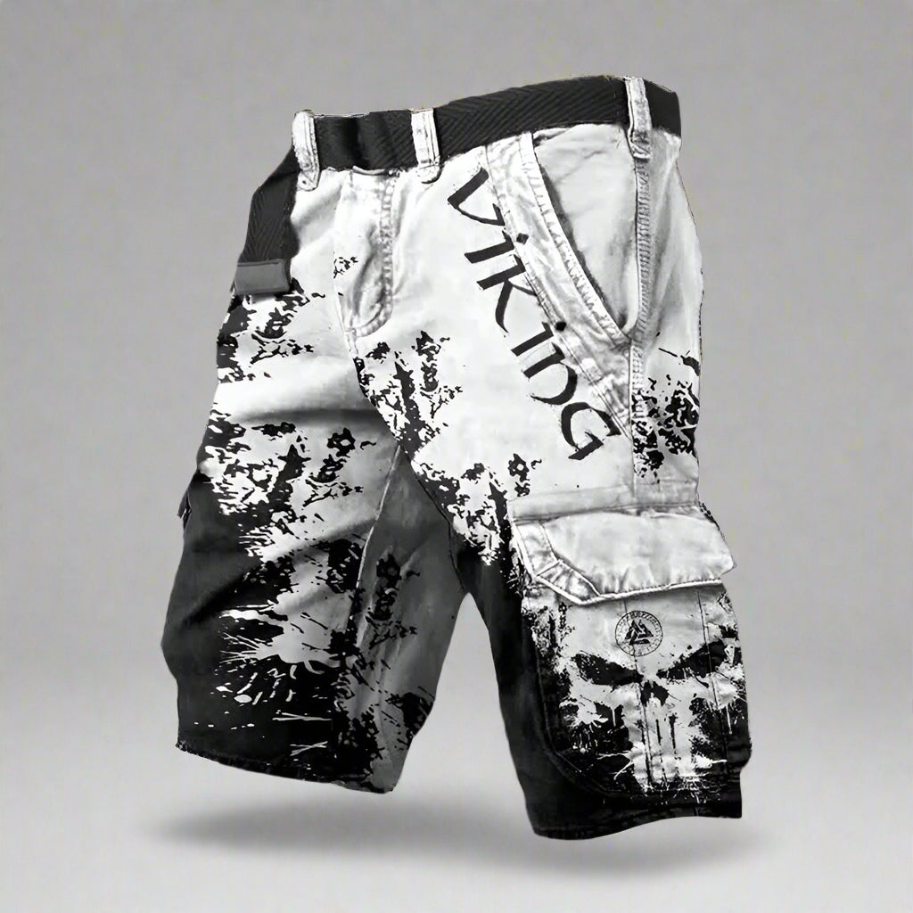 Men's Viking Cargo Shorts with Skull Print and Elastic Waist
