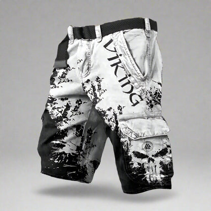Men's Viking Cargo Shorts with Skull Print and Elastic Waist