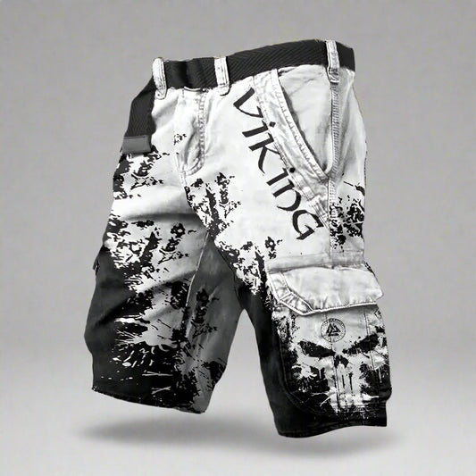 Men's Viking Cargo Shorts with Skull Print and Elastic Waist