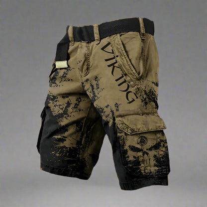 Men's Viking Cargo Shorts with Skull Print and Elastic Waist