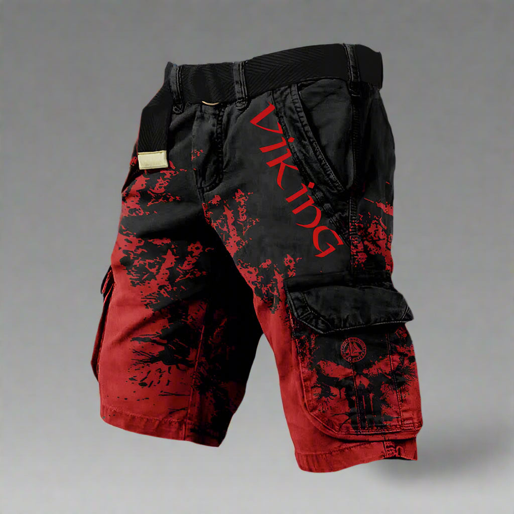 Men's Viking Cargo Shorts with Skull Print and Elastic Waist