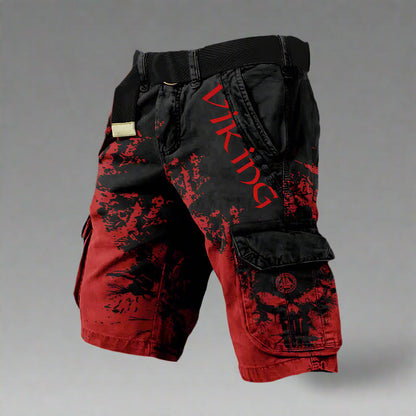 Men's Viking Cargo Shorts with Skull Print and Elastic Waist