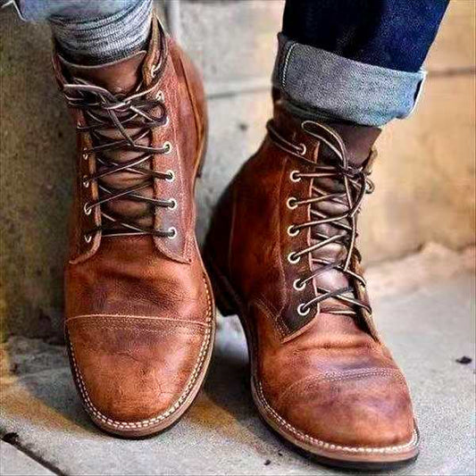 Men's Vintage Cap-Toe Ankle Boots with Lace-Up Closure