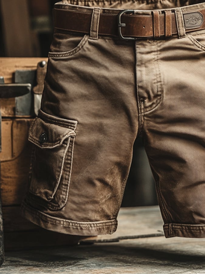 Men's Vintage Cargo Shorts with Multi-Pocket Design and Belt