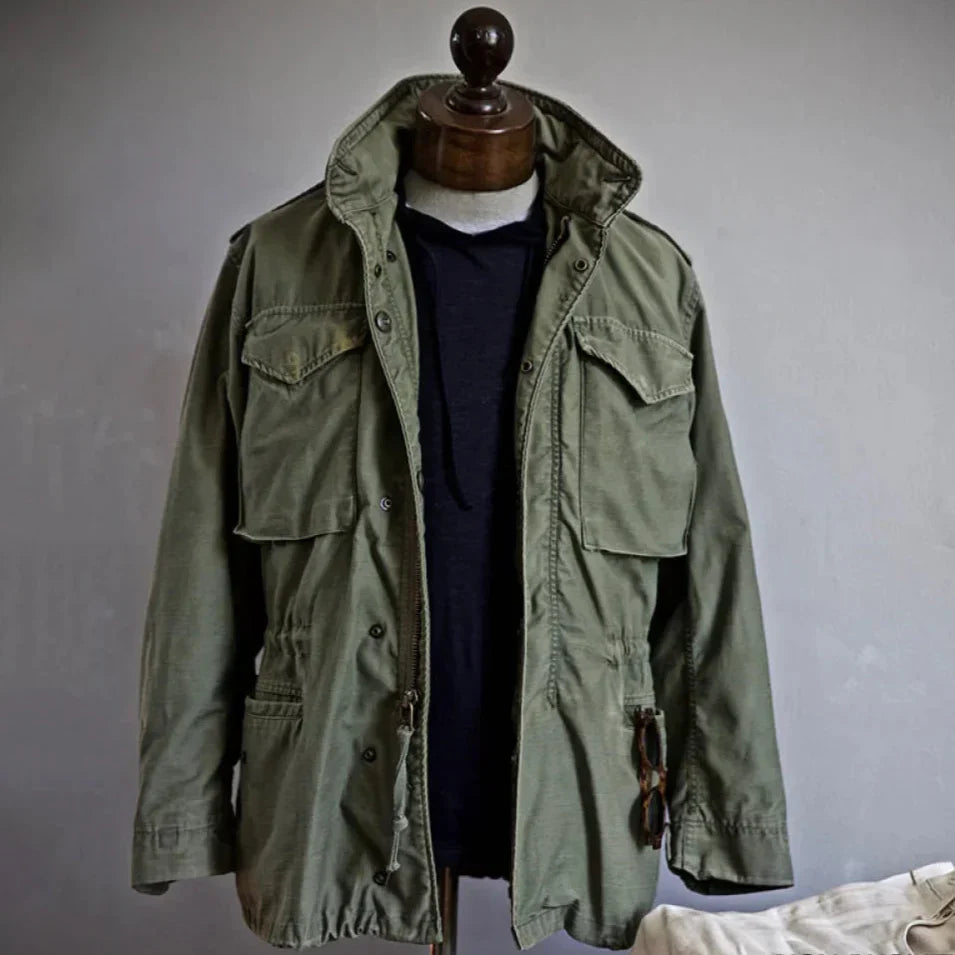 Men's Vintage Military Field Jacket with Hood and Adjustable Waist