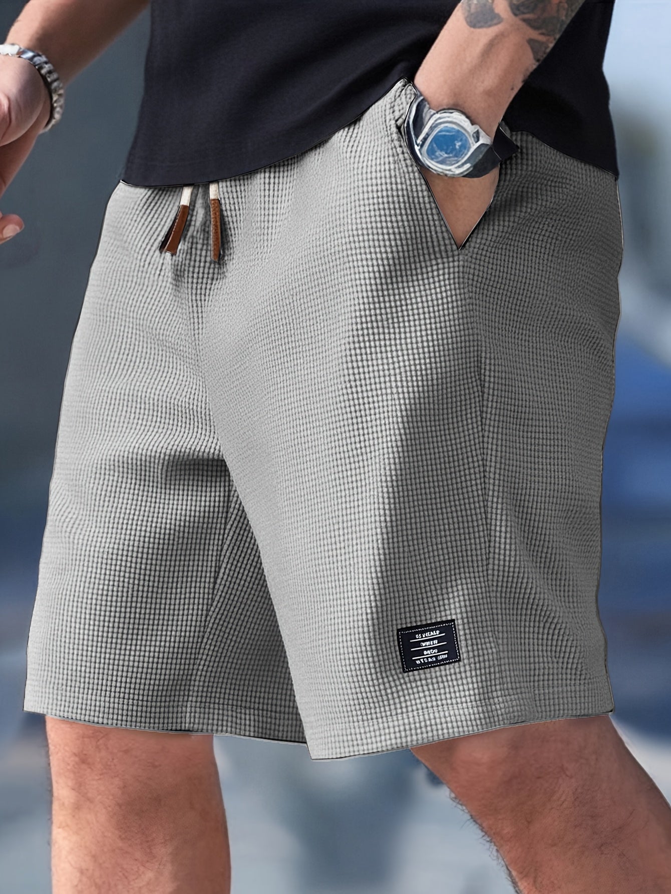 Men's Waffle-Texture Drawstring Casual Shorts with Elastic Waistband
