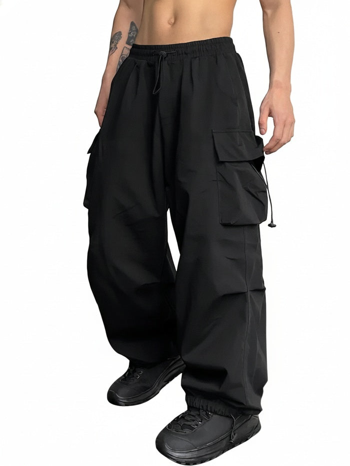 Men's Wide Leg Cargo Pants with Elastic Waist and Adjustable Toggle Cuffs