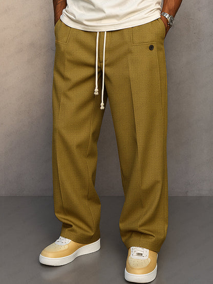 Men's Wide-Leg Trousers with Drawstring Waist and Pleated Front