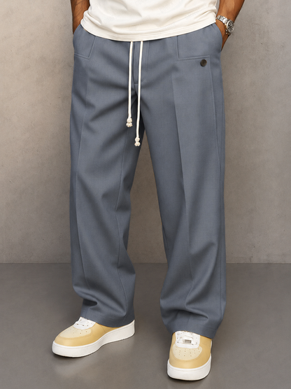 Men's Wide-Leg Trousers with Drawstring Waist and Pleated Front