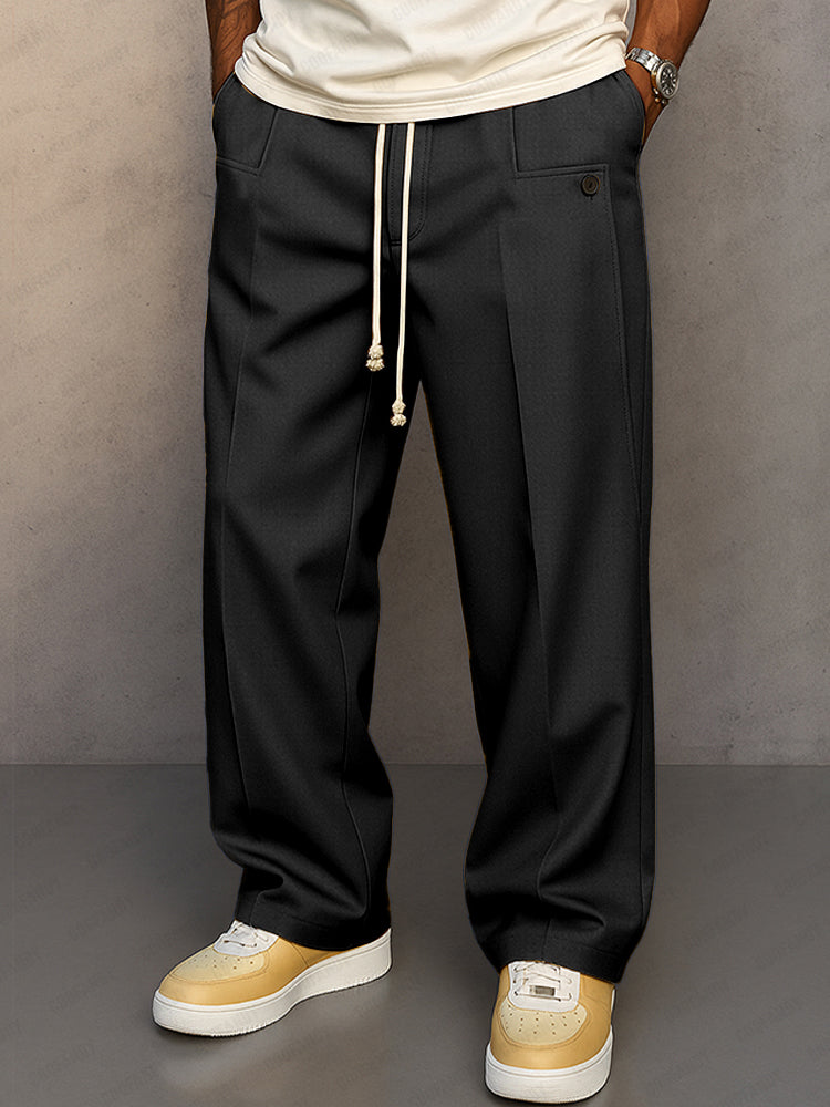 Men's Wide-Leg Trousers with Drawstring Waist and Pleated Front