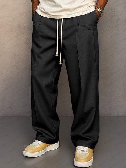 Men's Wide-Leg Trousers with Drawstring Waist and Pleated Front