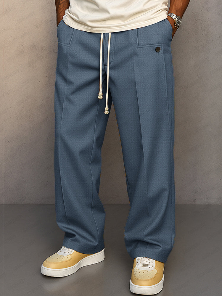 Men's Wide-Leg Trousers with Drawstring Waist and Pleated Front