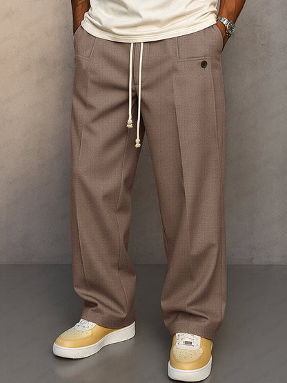 Men's Wide-Leg Trousers with Drawstring Waist and Pleated Front