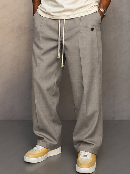 Men's Wide-Leg Trousers with Drawstring Waist and Pleated Front