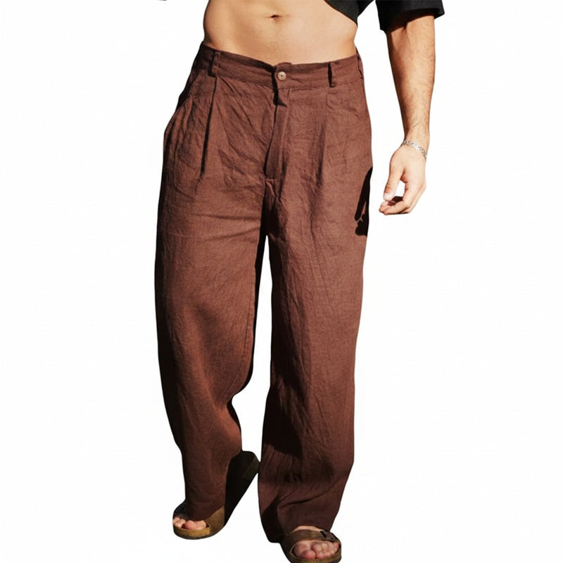 Men's Wide-Leg Trousers with Pleats and Button Closure