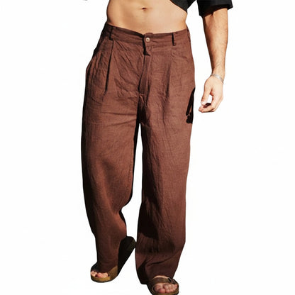 Men's Wide-Leg Trousers with Pleats and Button Closure