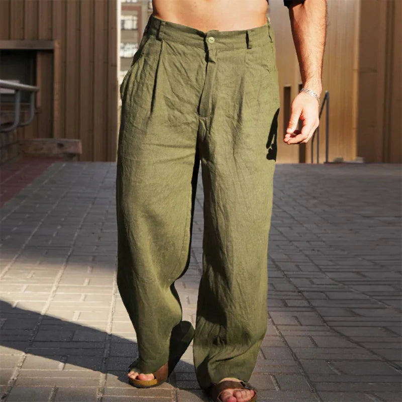 Men's Wide-Leg Trousers with Pleats and Button Closure