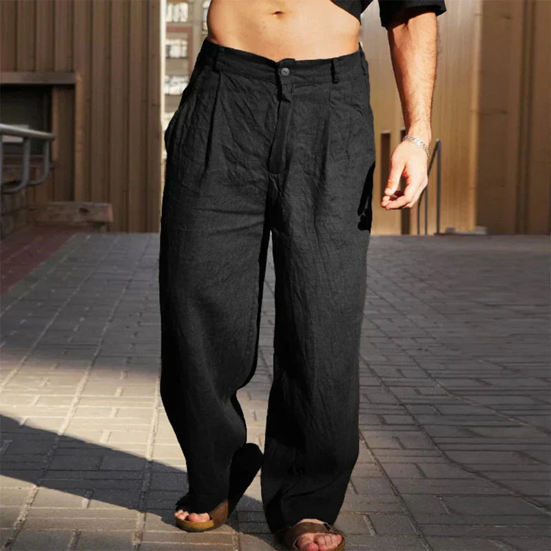 Men's Wide-Leg Trousers with Pleats and Button Closure