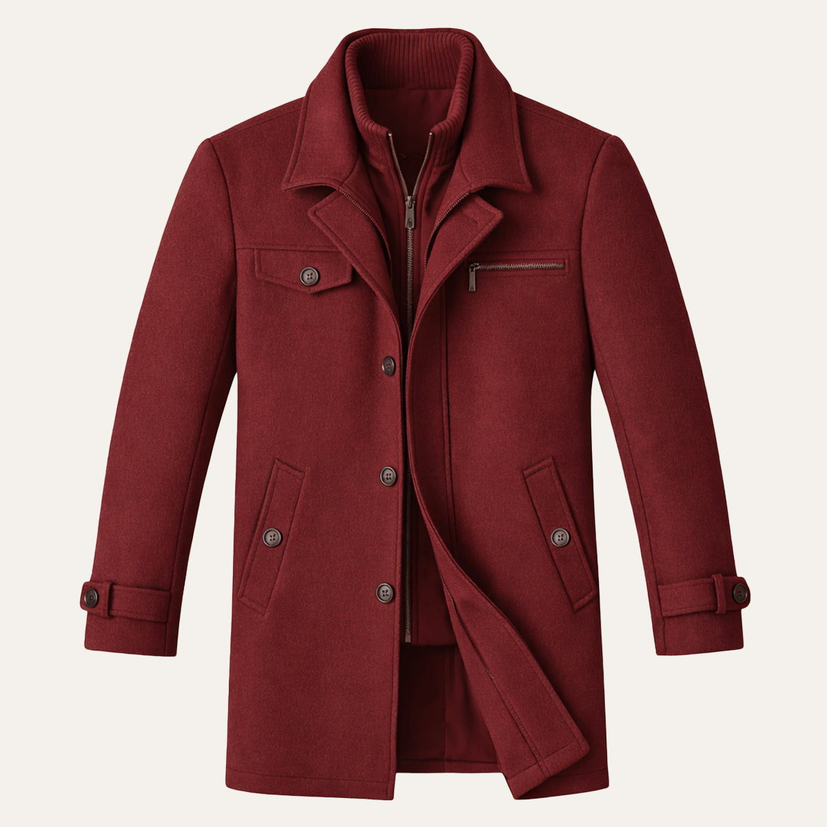 Men's Winter Coat with Layered Collar, Button and Zip Closure