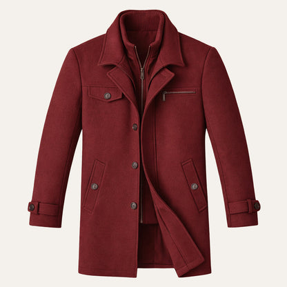 Men's Winter Coat with Layered Collar, Button and Zip Closure