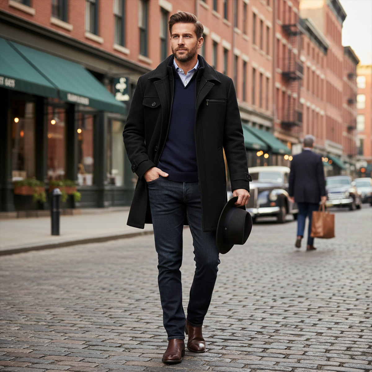 Men's Winter Coat with Layered Collar, Button and Zip Closure
