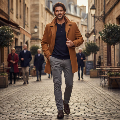 Men's Winter Coat with Layered Collar, Button and Zip Closure