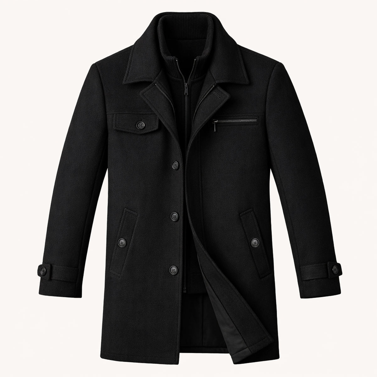 Men's Winter Coat with Layered Collar, Button and Zip Closure