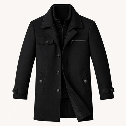 Men's Winter Coat with Layered Collar, Button and Zip Closure