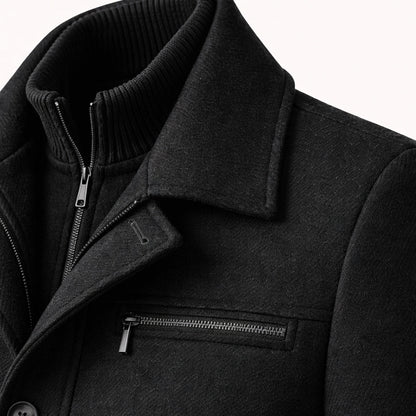 Men's Winter Coat with Layered Collar, Button and Zip Closure