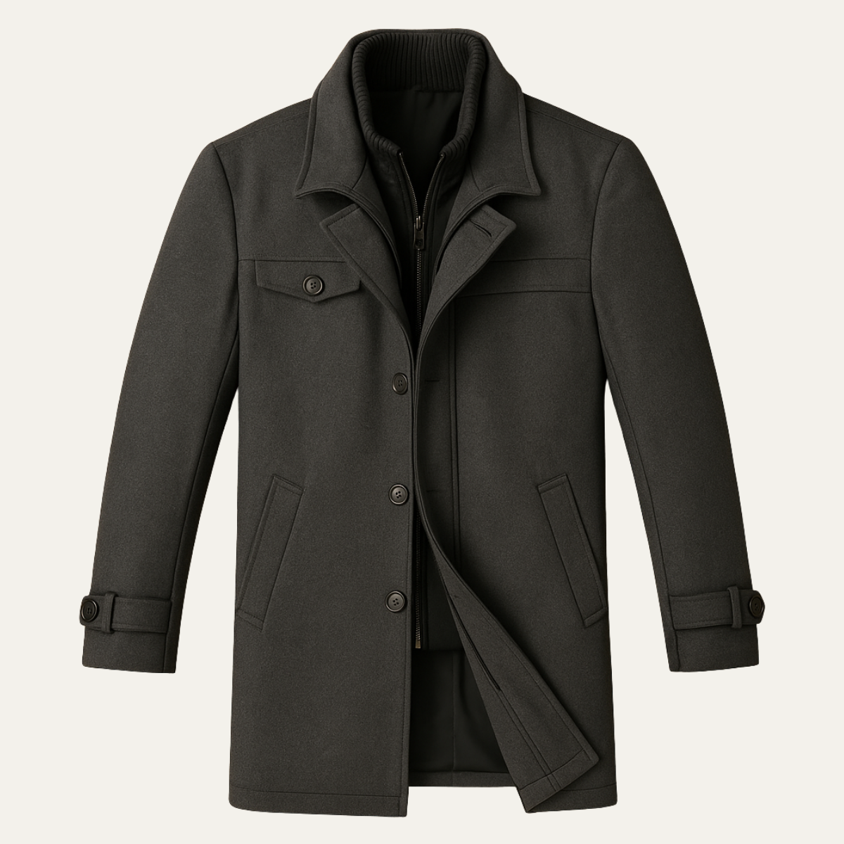 Men's Winter Coat with Layered Collar, Button and Zip Closure
