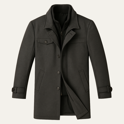 Men's Winter Coat with Layered Collar, Button and Zip Closure