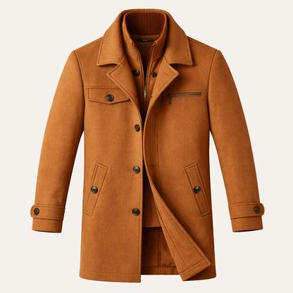 Men's Winter Coat with Layered Collar, Button and Zip Closure
