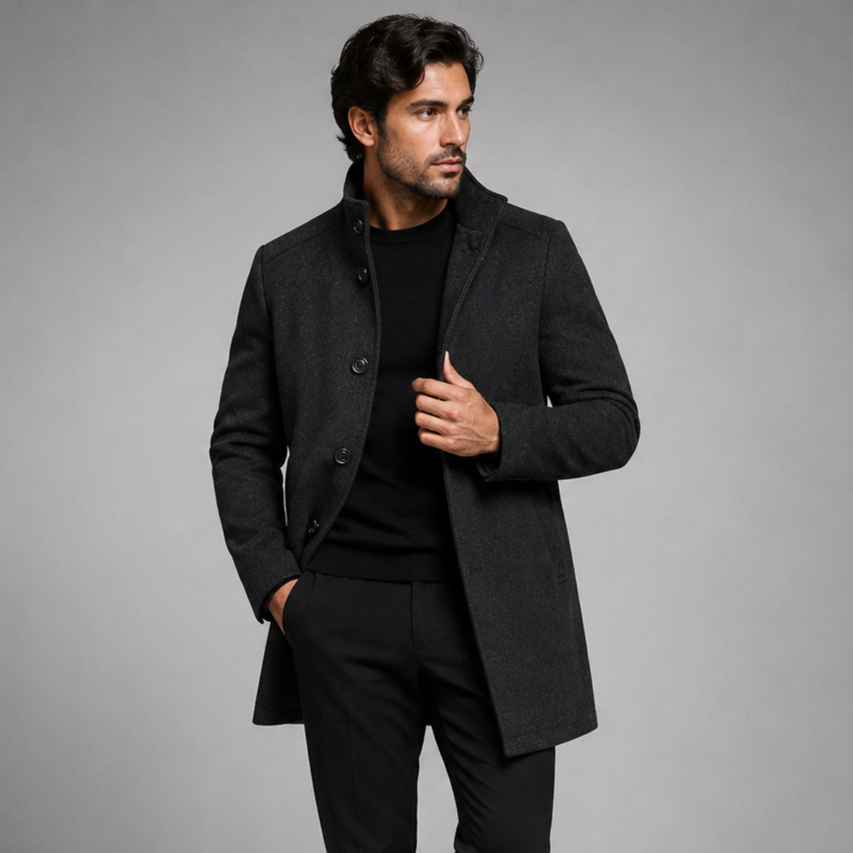 Men's Winter Coat with Stand Collar and Button Closure