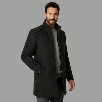 Men's Winter Coat with Stand Collar and Button Closure