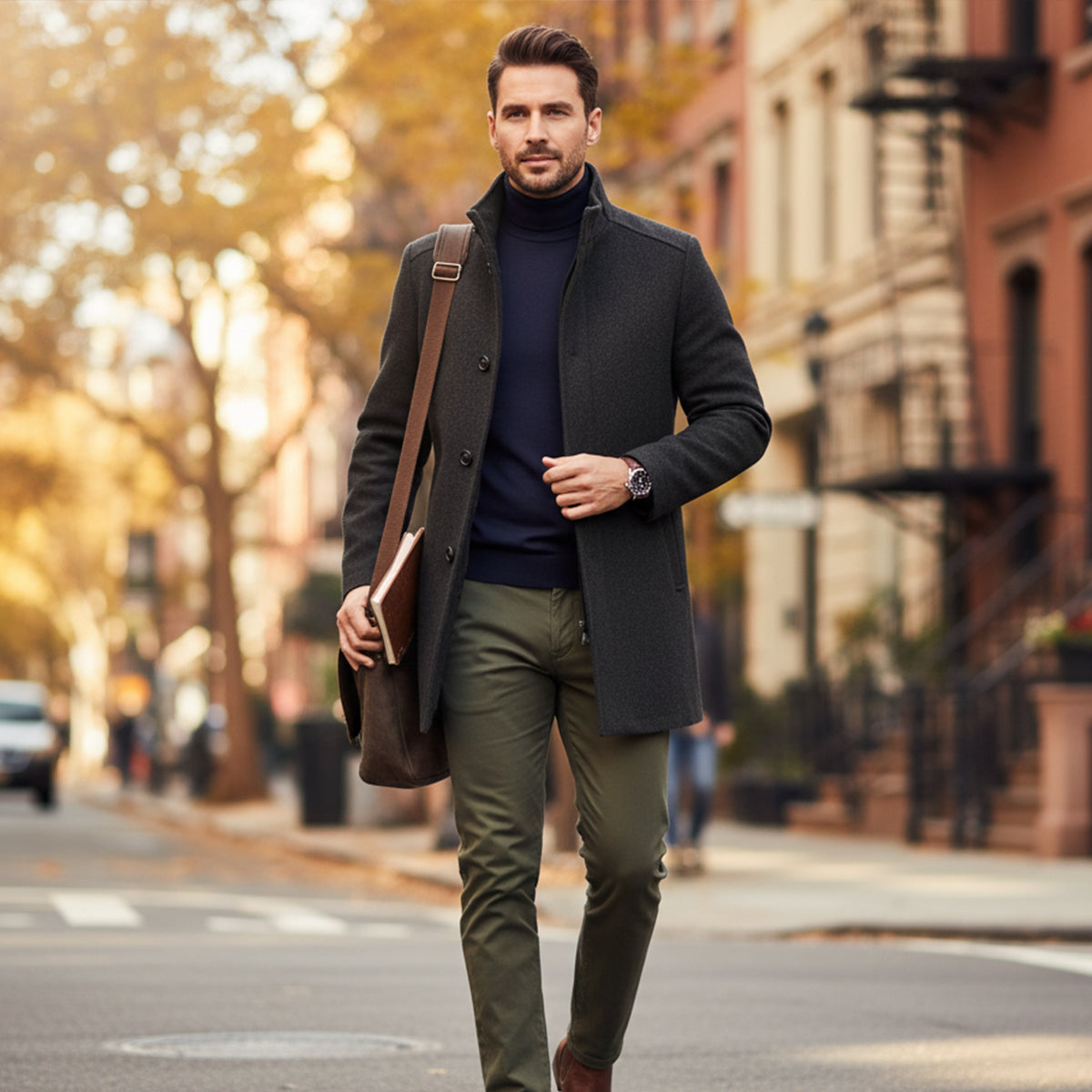 Men's Winter Coat with Stand Collar and Button Closure