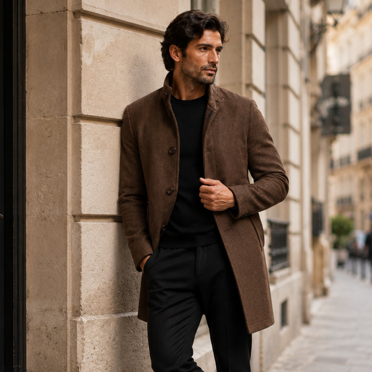 Men's Winter Coat with Stand Collar and Button Closure