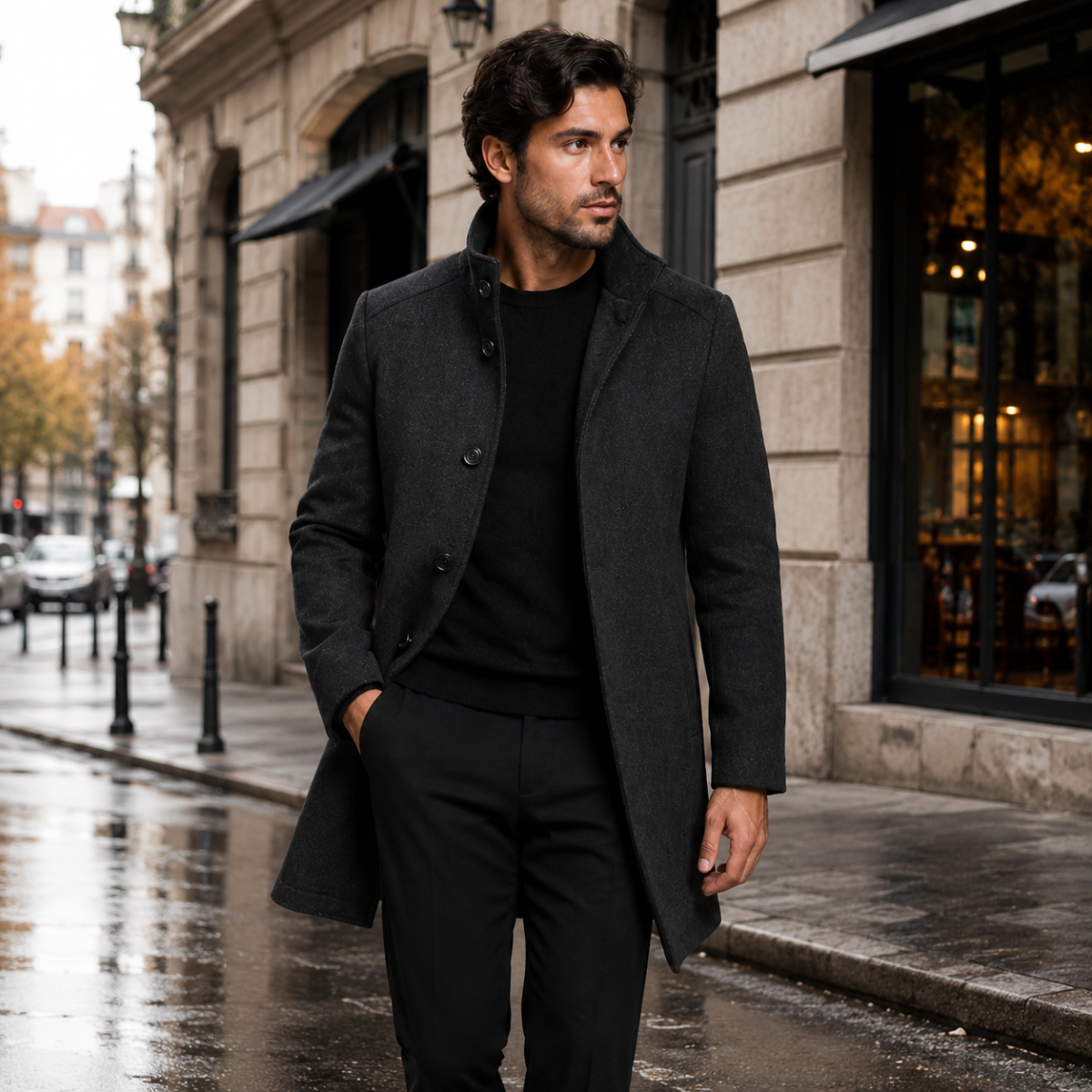 Men's Winter Coat with Stand Collar and Button Closure