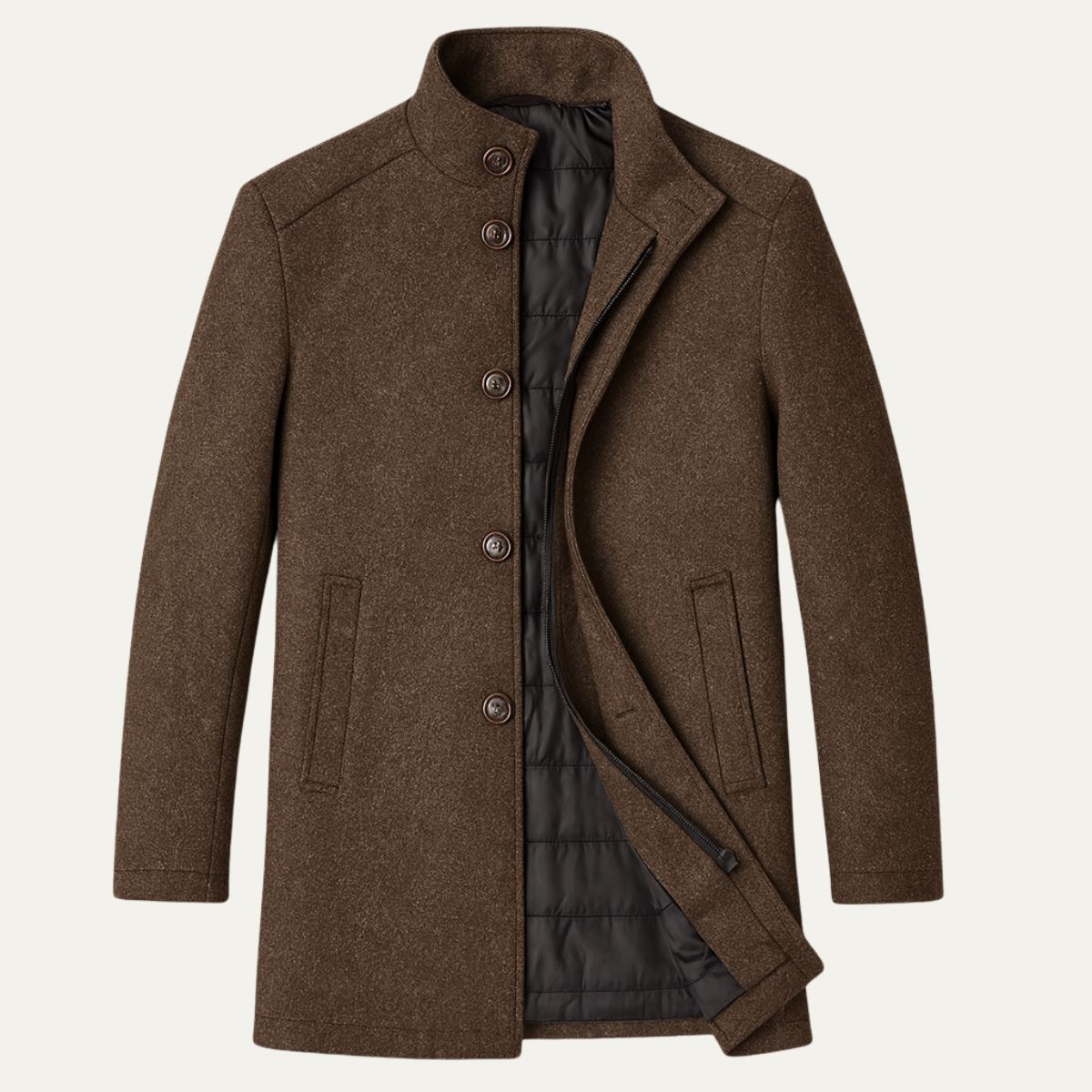 Men's Winter Coat with Stand Collar and Button Closure
