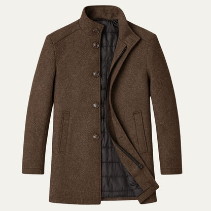 Men's Winter Coat with Stand Collar and Button Closure