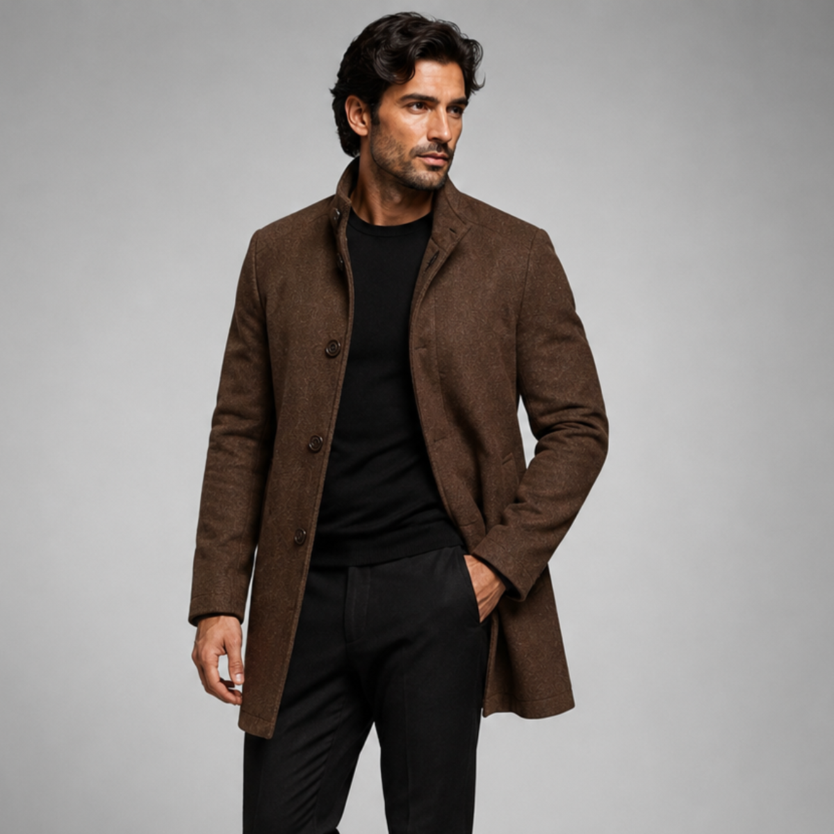 Men's Winter Coat with Stand Collar and Button Closure