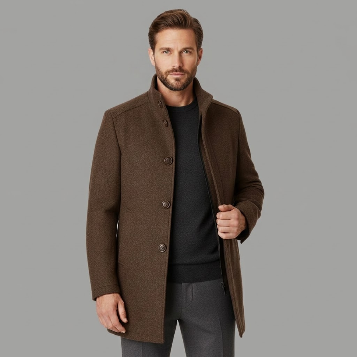 Men's Winter Coat with Stand Collar and Button Closure