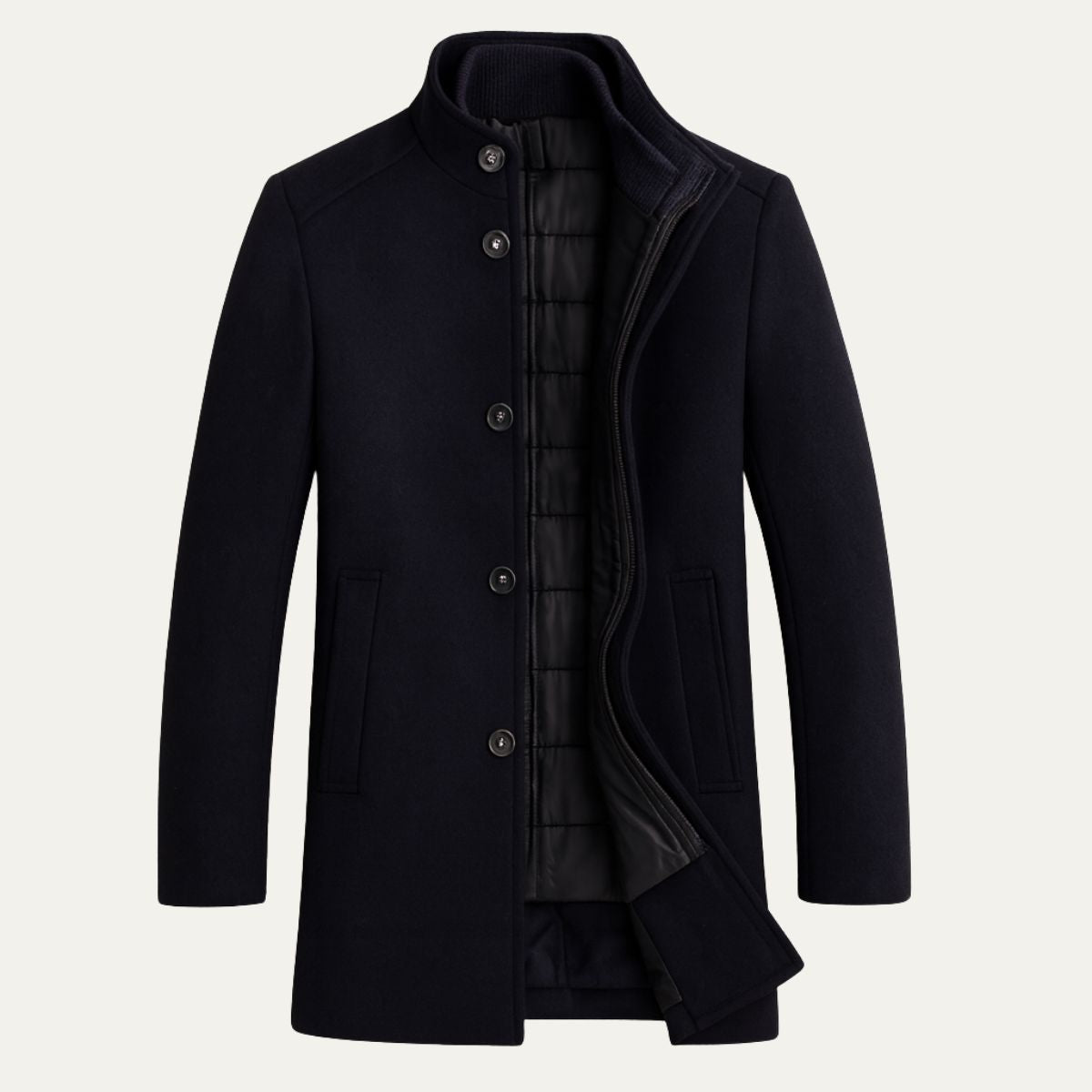 Men's Winter Coat with Stand Collar and Button Closure