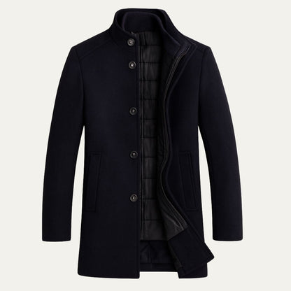 Men's Winter Coat with Stand Collar and Button Closure