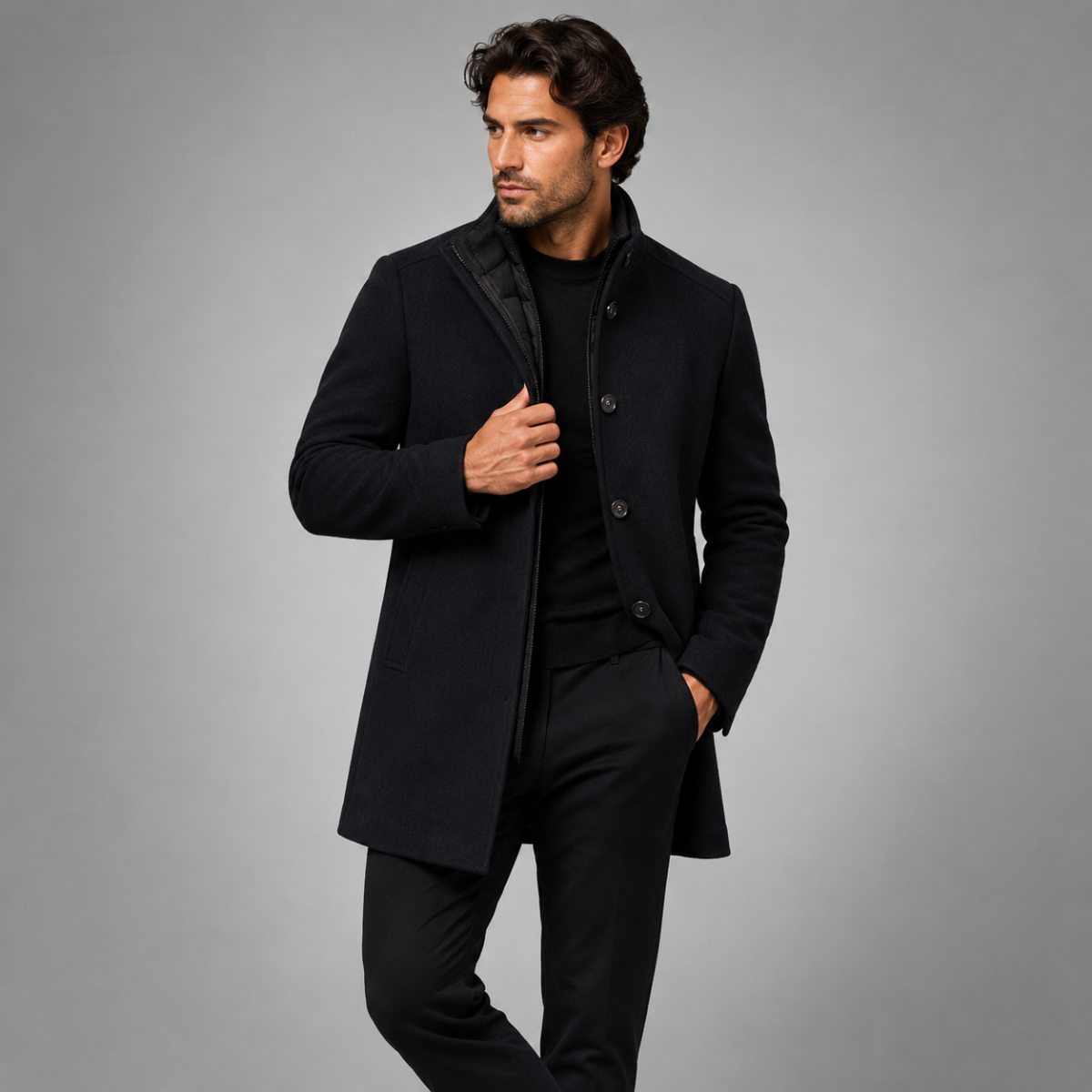 Men's Winter Coat with Stand Collar and Button Closure
